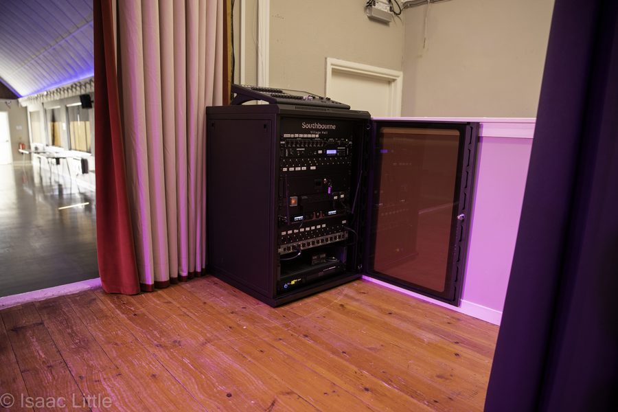 Southbourne Village Hall, new AV rack with labelled equipment